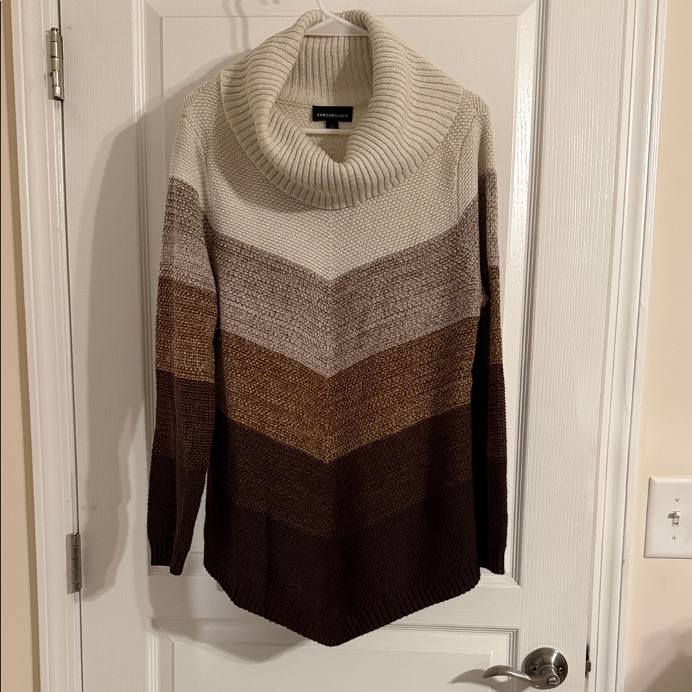 Cozy Chevron Cowl Neck Sweater - Cream and Brown